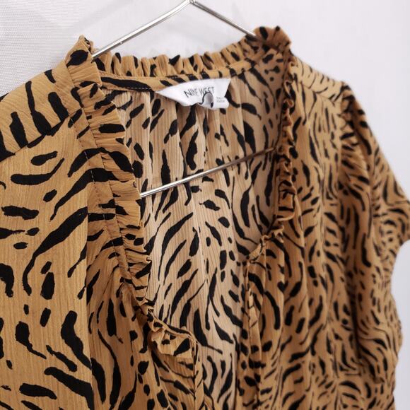 Nine West Blouse Womens Extra Large Tan Black Geometric Ruffle Neck Front Tie - Picture 5 of 10